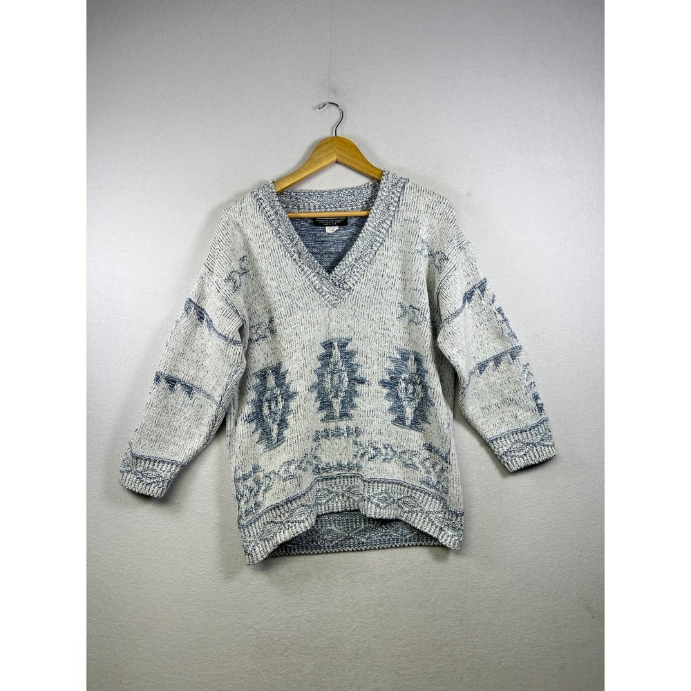David Brett Southwestern Knit Sweater Womens XL Blue‎ White Vintage V-Neck USA
